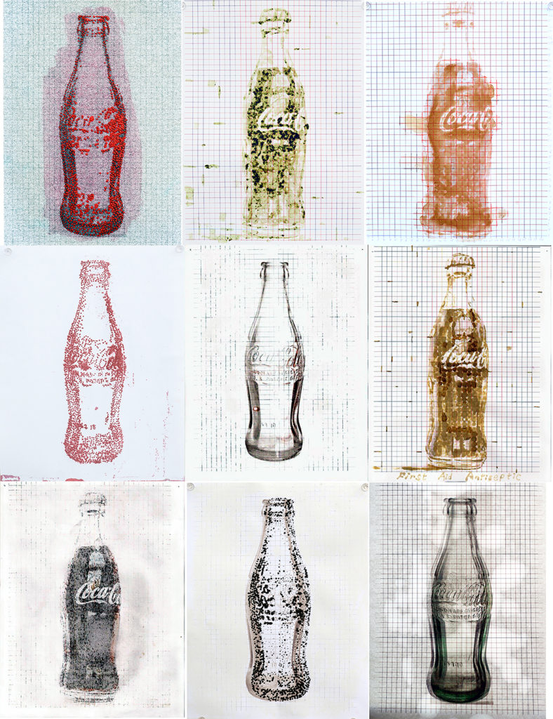 006_jong-kwang-hyun_coca-cola-bottles-2014-acrylic-enamel-spinach-cola-antiseptic-olive-oil-on-ink-jet-printed-paper-33x25-5-inches-jpg